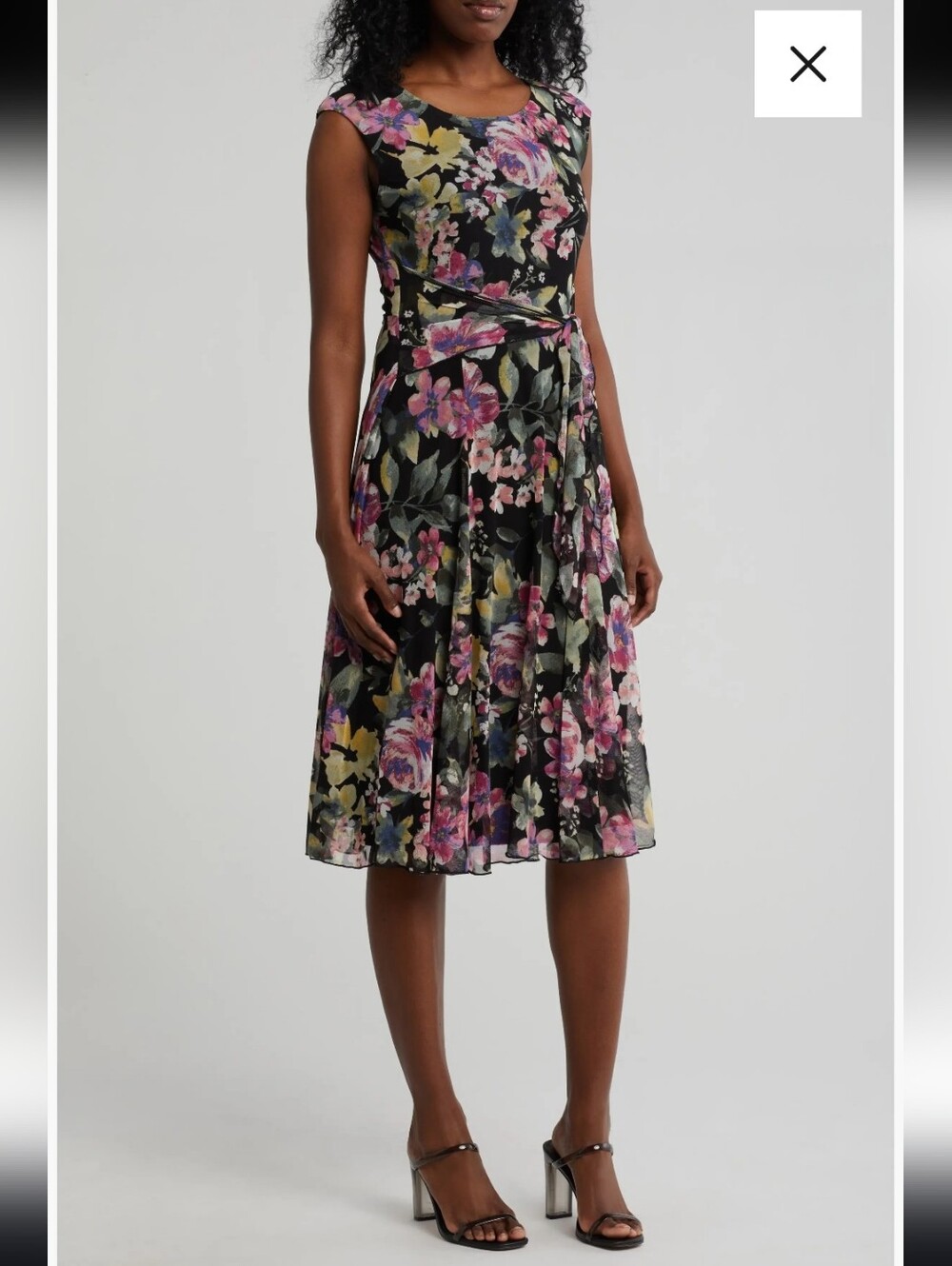 Connected Apparel Floral Midi Dress Womens Size 8 Black Pink Sleeveless Chiffon